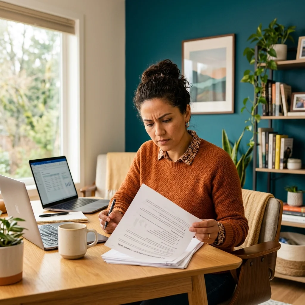 determined woman looking at legal forms